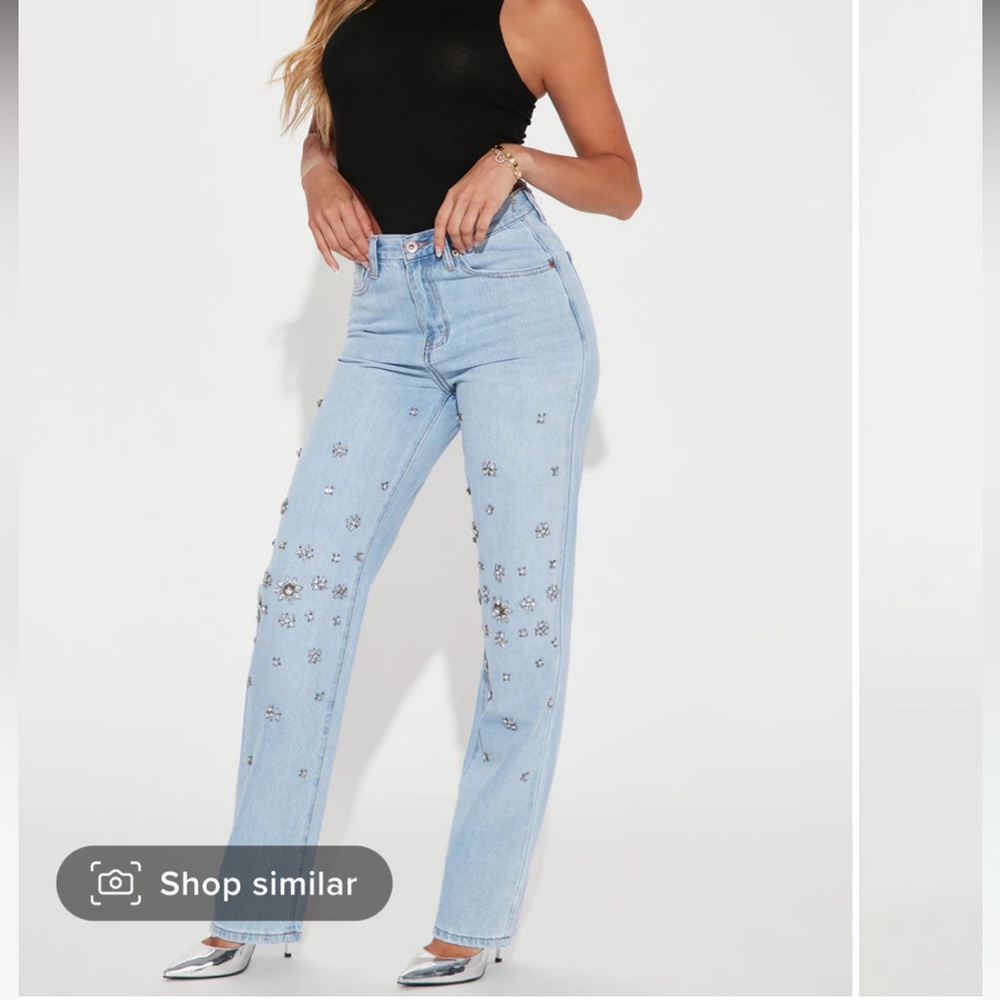 Fashion Nova High Rise jeans when the stars align straight leg embellished stone